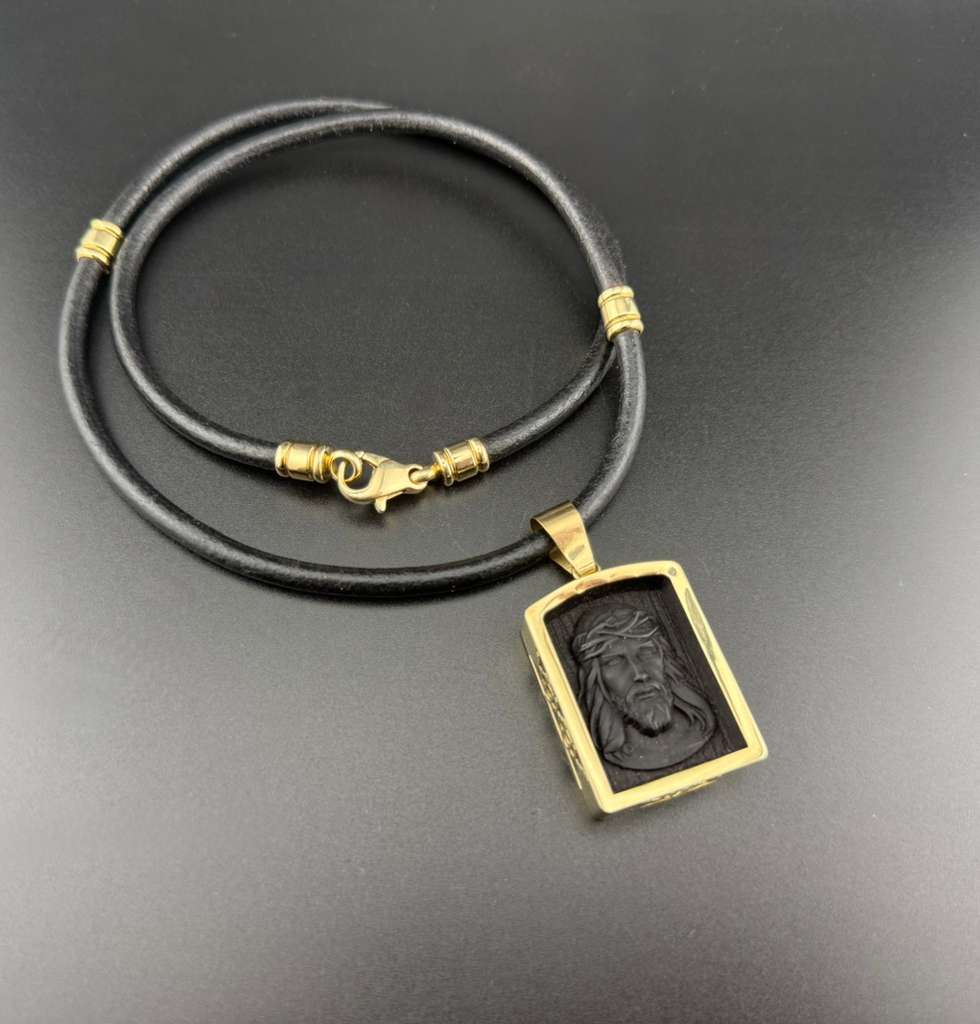 African Blackwood Jesus Head Pendant with Gold Frame & Leather Chain – Luxury Handmade Religious Necklace