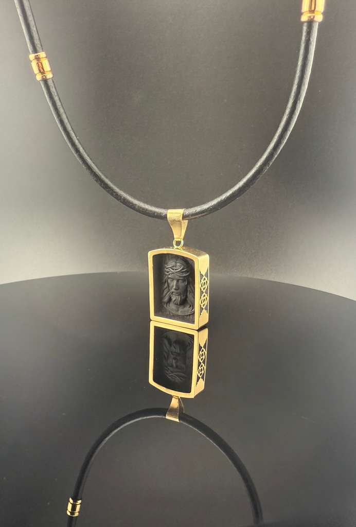 African Blackwood Jesus Head Pendant with Gold Frame & Leather Chain – Luxury Handmade Religious Necklace