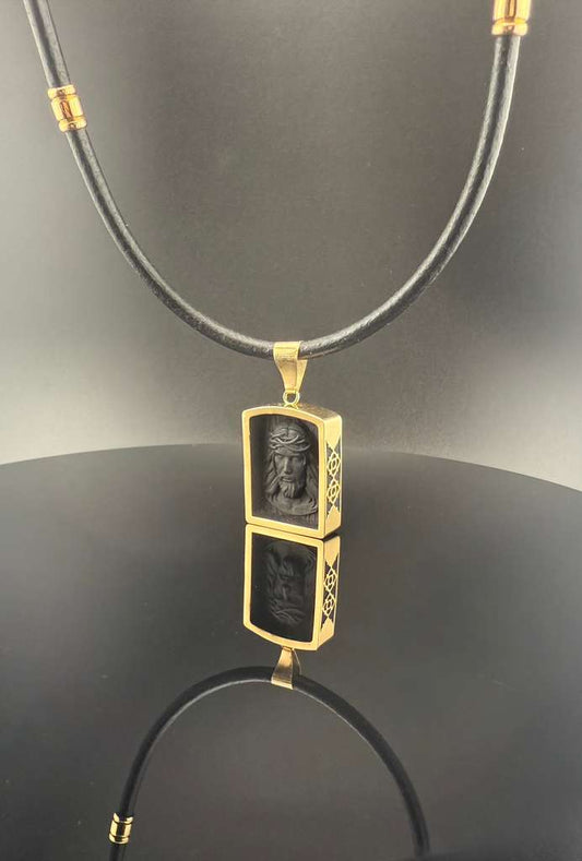 African Blackwood Jesus Head Pendant with Gold Frame & Leather Chain – Luxury Handmade Religious Necklace