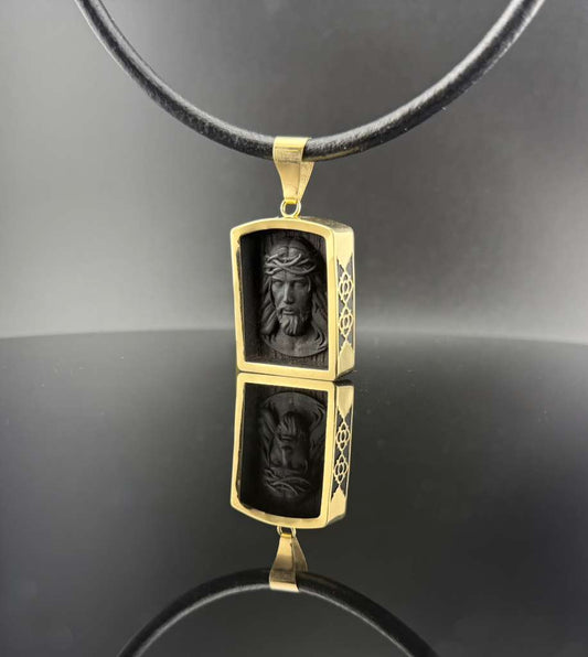 African Blackwood Jesus Head Pendant with Gold Frame & Leather Chain – Luxury Handmade Religious Necklace