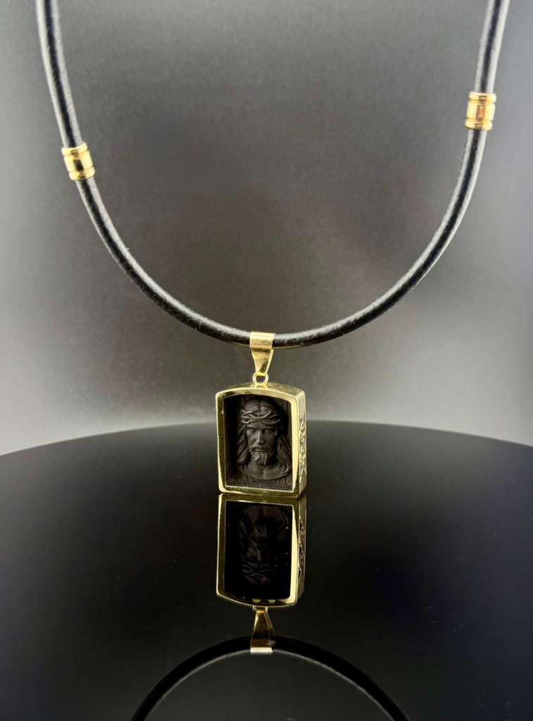 African Blackwood Jesus Head Pendant with Gold Frame & Leather Chain – Luxury Handmade Religious Necklace