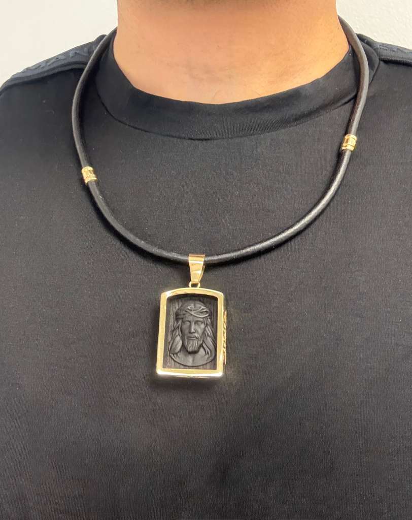 African Blackwood Jesus Head Pendant with Gold Frame & Leather Chain – Luxury Handmade Religious Necklace