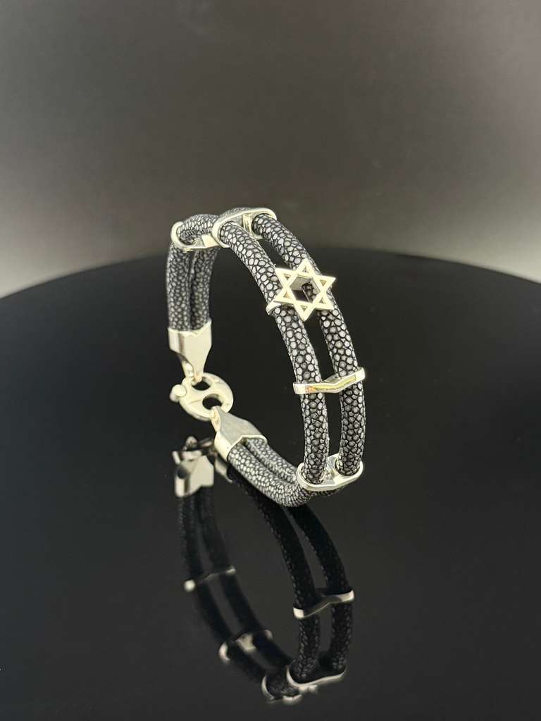 Star of David Bracelet, Sterling Silver, Stingray Leather Bracelet, Luxury Handmade Jewish Jewelry Gift for Him