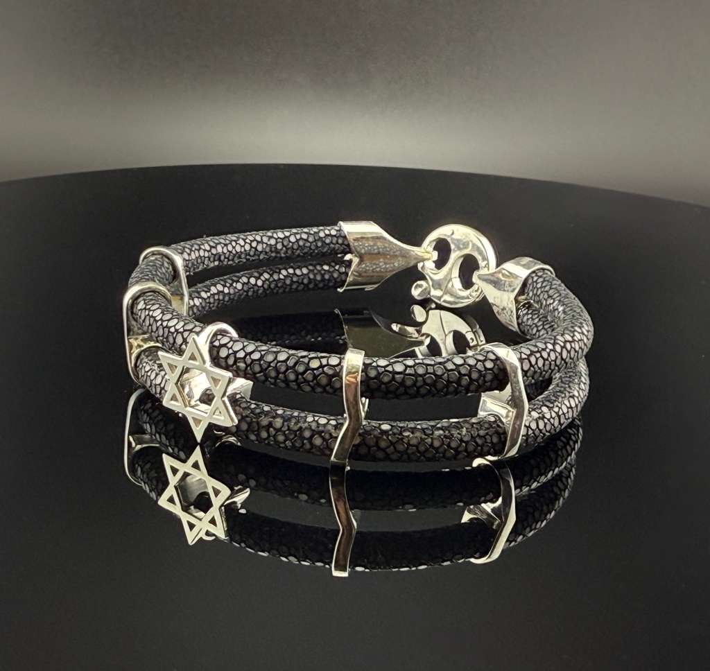 Star of David Bracelet, Sterling Silver, Stingray Leather Bracelet, Luxury Handmade Jewish Jewelry Gift for Him