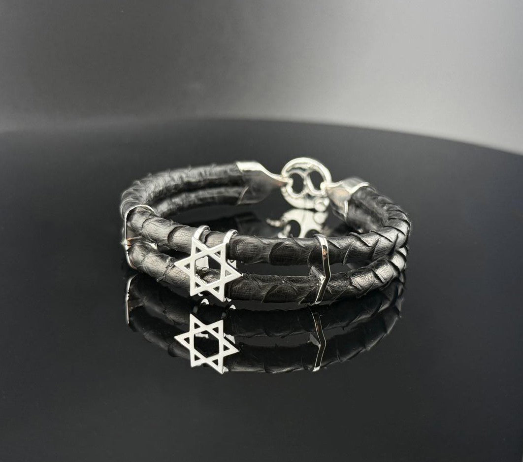 Star of David Bracelet, Sterling Silver, Handmade Exotic Leather Bracelet, Luxury Jewish Jewelry Gift for Him