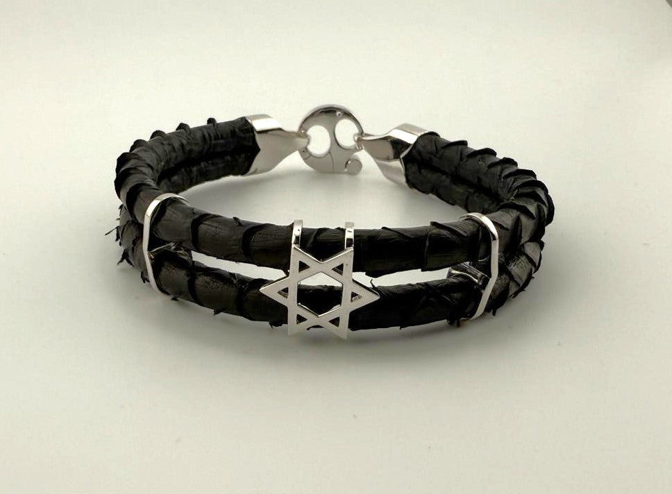 Star of David Bracelet, Sterling Silver, Handmade Exotic Leather Bracelet, Luxury Jewish Jewelry Gift for Him